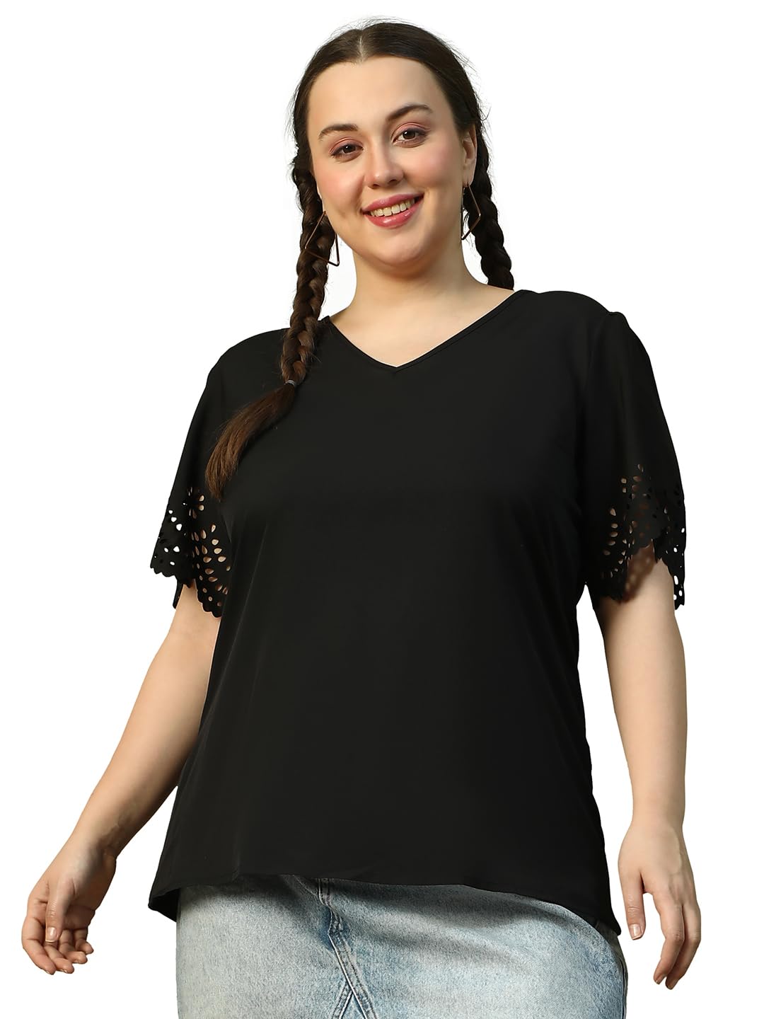 CLOCHOICE Women Plus Size Pink V-Neck Laser Cut Sleeve Stylish Top & Tunics Daly wear 2XL/3XL/4XL/5XL/6XL/7XL/8XL.-picture-23
