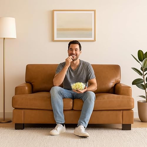 Miniatura 7 de Naomi Home Sofá de Dos Plazas de Piel Auténtica – Relleno de Cojines de Plumas de Ganso, Diseño de Brazos Cuadrados, Patas de Bloque Resistentes –