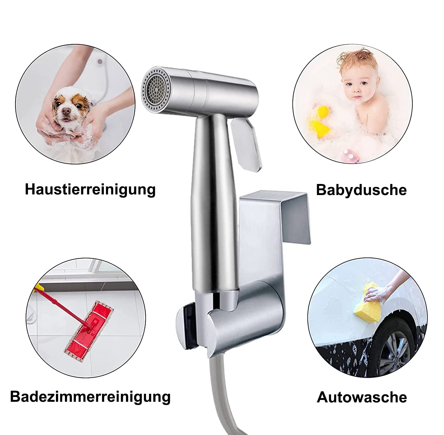 Bidet, ręczny spryskiwacz toaletowy, podwójny tryb (Jet/Stream), do prysznica, łazienki, higieniczny, do czyszczenia pieluch, z wężem sprężynowym G1/2" i zaworem G3/8"