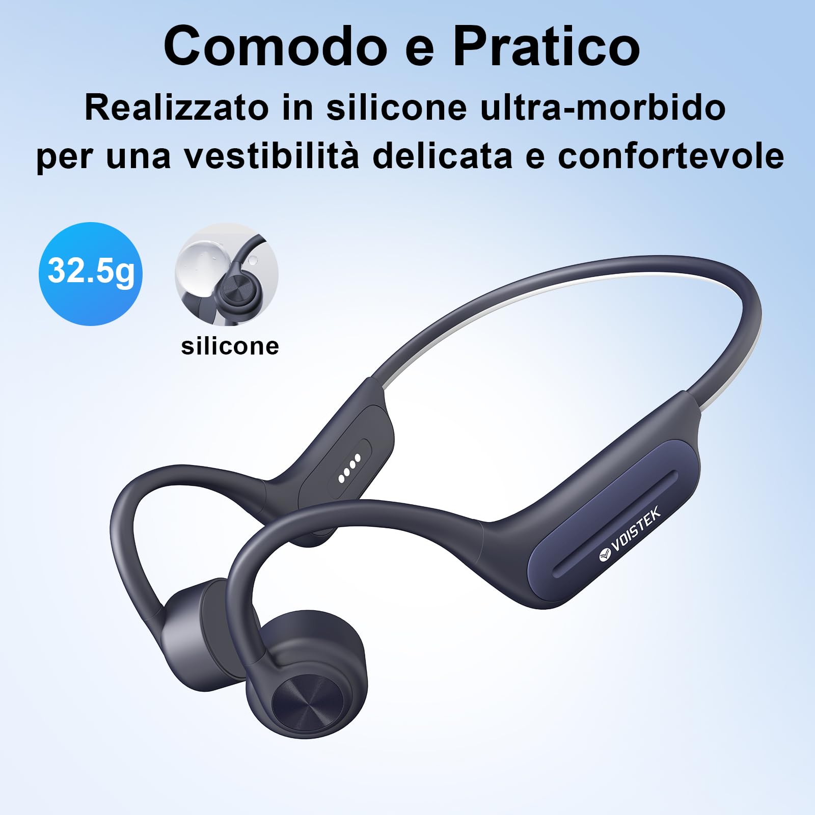 Voistek Cuffie Conduzione Ossea Bluetooth, Auricolari Sportivi Open Ear Wireless IPX8 Impermeabili con Lettore MP3 Integrato da 32GB, Cuffie per Corsa, Ciclismo, Fitness e Guida (Blu)