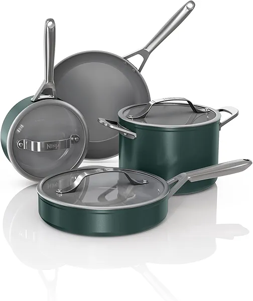 Ninja Ceramic Pro 7Pc Cookware Set, NonStick Pots & Pans Set with Glass Lids, Nontoxic, PTFE Free, Ceramic Coated, Oven Safe, All Stovetops & Induction Compatible, British Racing Green, CW39007GN