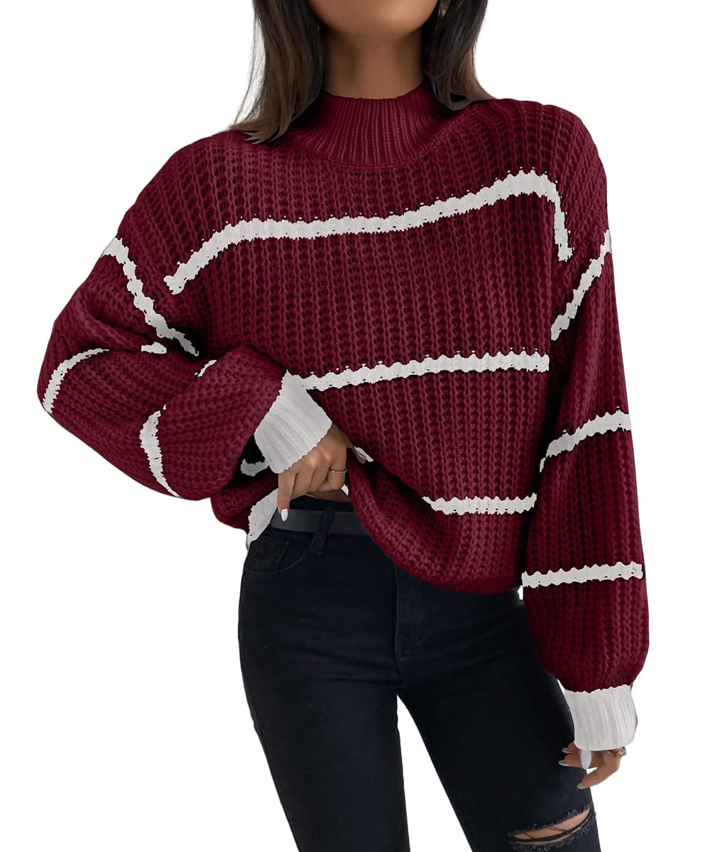 SKAYS Women High-Neck Cropped Sweater Striped Stand-Up Collar Dropped Shoulder Knitted Pullover