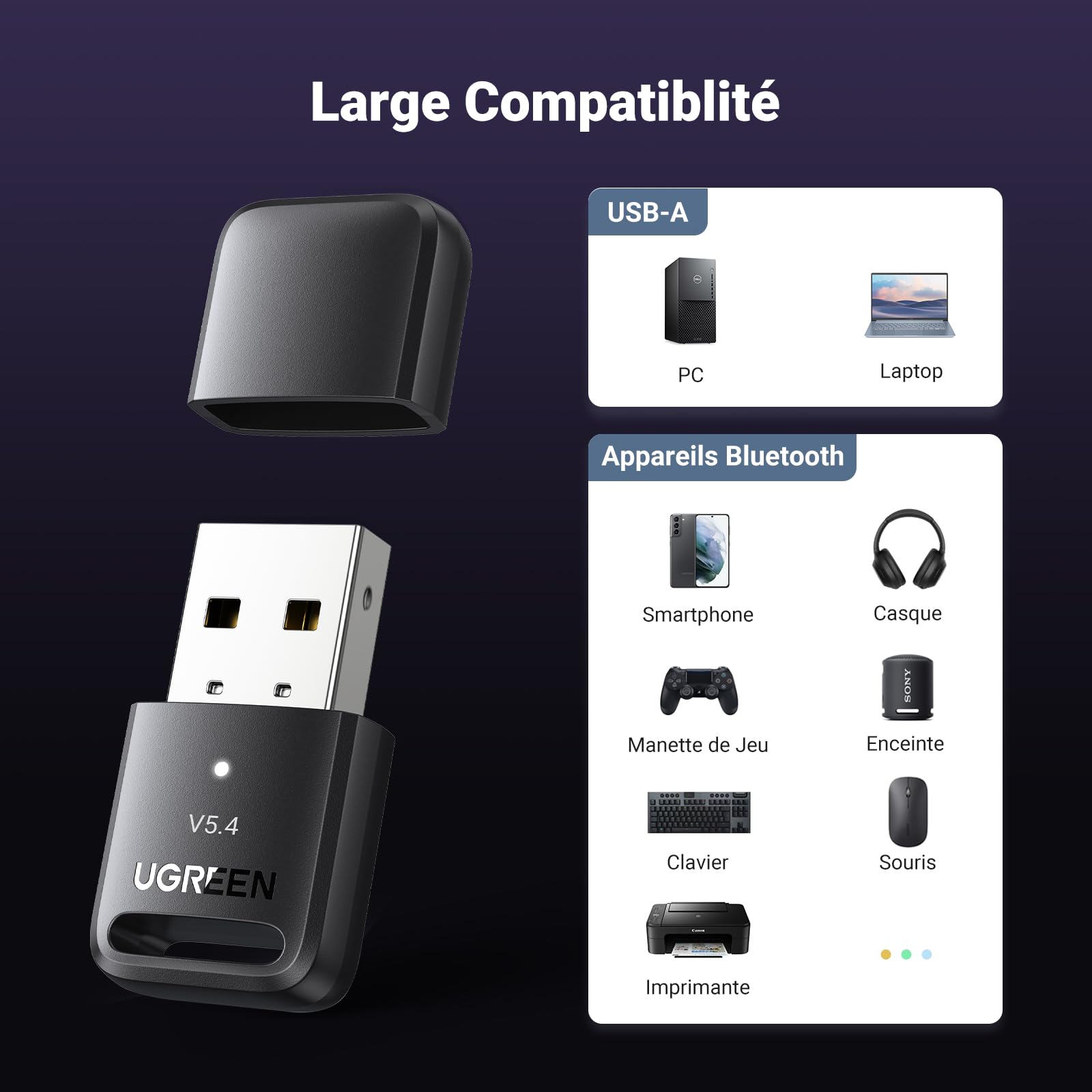 UGREEN Dongle Bluetooth 5.4 Clé USB PC Adaptateur Faible Latence pour Clavier Souris Casque Manette de Jeu Enceinte Écouteurs Plug Play Windows 11 10 8.1