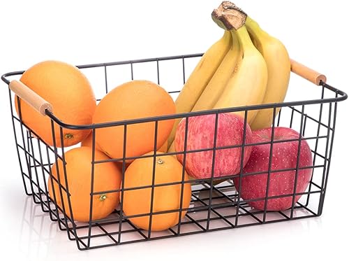 Miniatura 2 de LeleCAT Cestas de alambre con asas de madera, cestas organizadoras de almacenamiento de alambre, refrigerador doméstico para armarios, despensa,