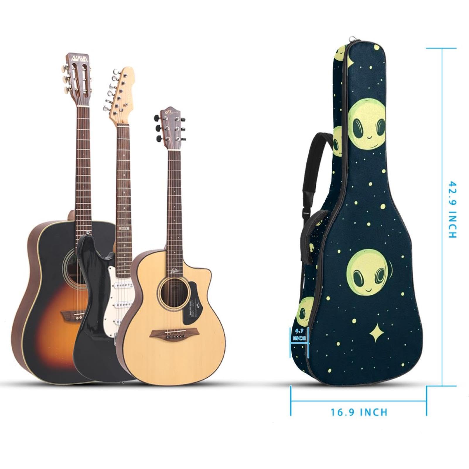 Fun Mini Green Alien Moon 17 41 106,7 cm Akustikgitarrentasche mit verstellbarem Schultergurt, Gitarrentasche mit Rückenaufhänger, geeignet für E-Gitarren, Bassgitarren, klassische Gitarren, Ukulele,