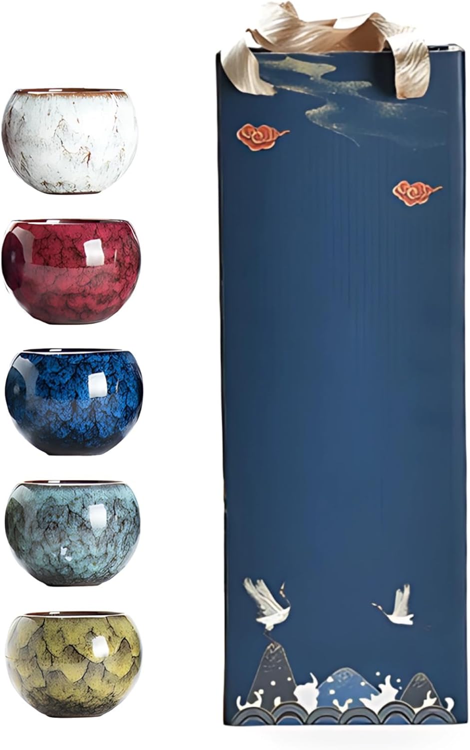 5 Pcs Tea Cup Set, Ceramic Tea Bowl 5.24 Fl Oz, Chinese, Handcrafted, Multicolor, Song Dynasty Style, Gift Box