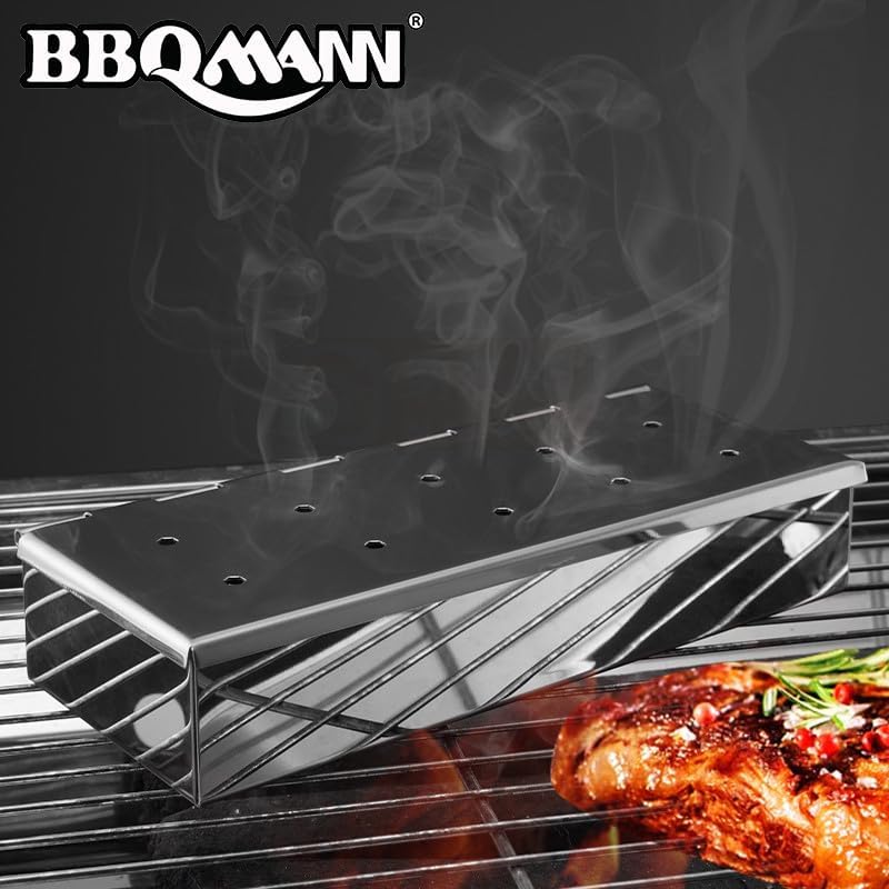 Miniatura 6 de Caja ahumadora de 9 pulgadas para parrilla de gas o carbón, caja de virutas de madera de acero inoxidable con tapa con bisagras, añade un delicioso