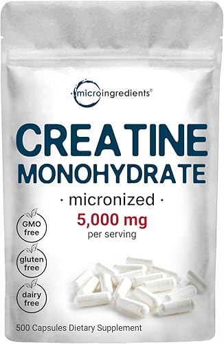 Monohidrato de creatina de 5,000 mg, 500 cápsulas | Píldoras de creatina pura – Fuente de polvo micronizado + sin sabor, fácil absorción | Apoyo
