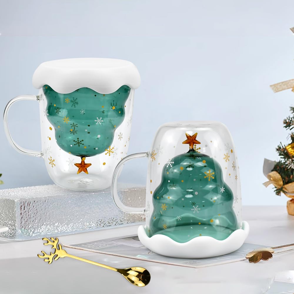 ADERTOS Tazza Natalizia a Doppio Strato Mug Natalizie a Vetro da 300ml Tazze Caffe Natalizie Tazze da Latte Natalizie con Coperchio a Fiocco Nevee e Cucchiaio Tazza da Tè a Forma di albero di Natale