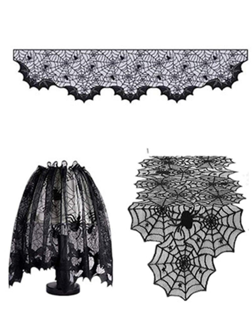 Ulalaza Halloween Decorations Sets Black Lace Spiderweb Tablecloth Curtain Table Runner Fireplace Scarf Party Decor