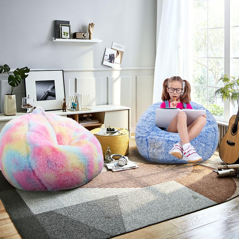 Image of Fluffy Bean Bag Chair, 3FT Round Memory Foam Filled Bean Bag for Teens & Kids, Ultra Soft Faux Fur Fabric Bean Bag Chairs for Playroom, Living Room, Bedroom, Blue
