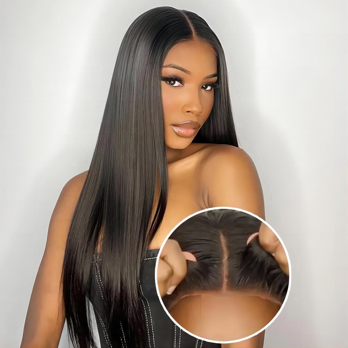 Wear Go Glueless Wigs Human Hair Pre Plucked Pre Cut Straight Transparent 5x7 Lace Glueless Wig Pre Bleached Tiny Knots Human Hair Wig for Black Women 180% 16 Inch
