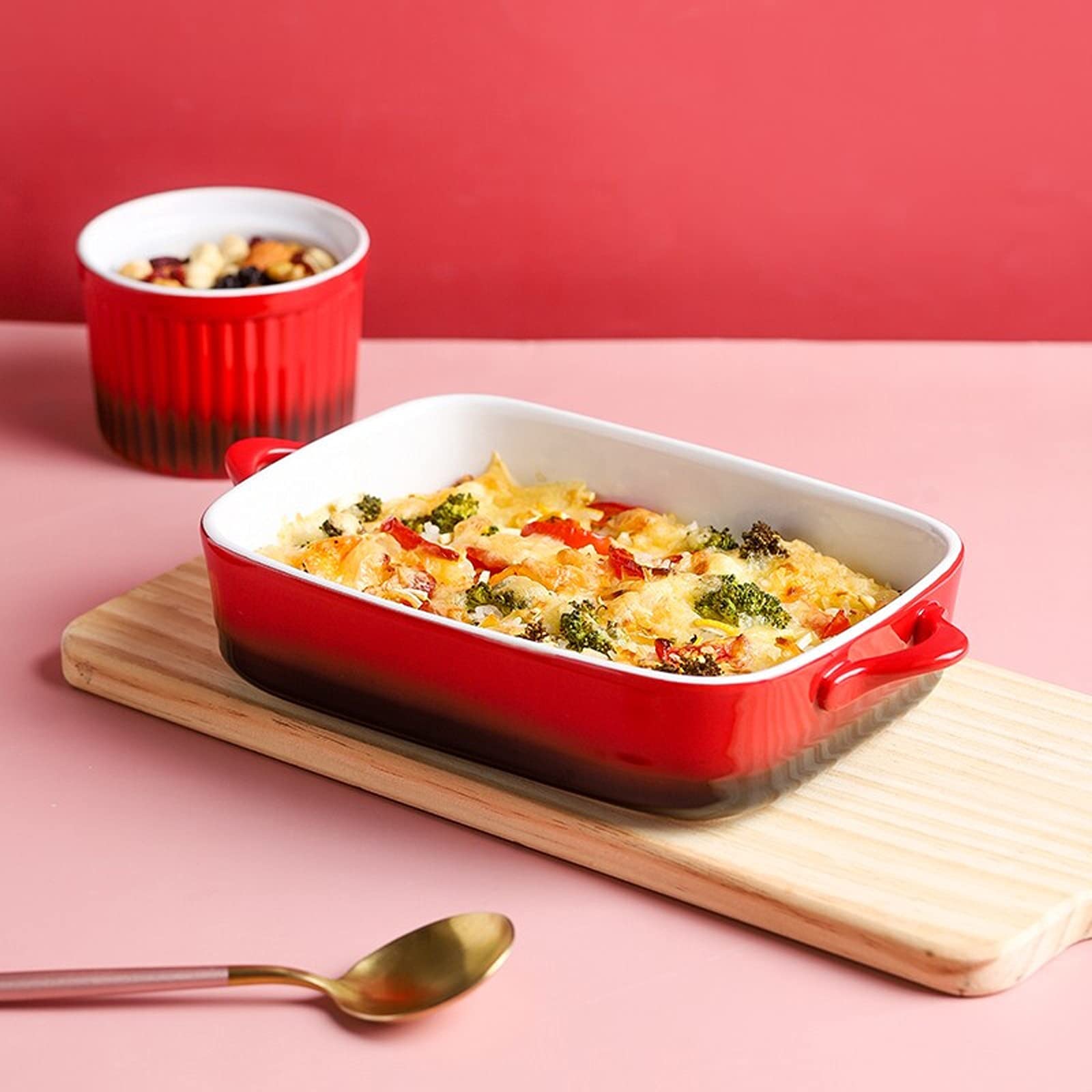 Tapete para hornear Juego de cacahuetes de cerámica roja, plato de cerámica de 4 piezas PANSERA DE PANSERA DE CASSEROLE Plato de cazuela para cocinar, Cena de pastel, Cocina Bandeja para hornear recta
