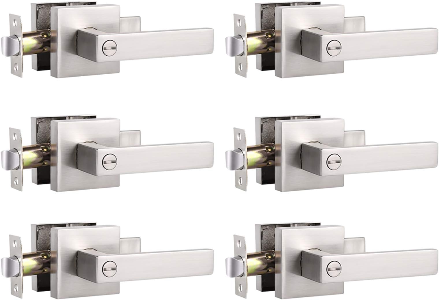 Knobonly6 Pack Square Bedroom Bathroom Privacy Door Lever Handle Satin Nickel Finish Keyless Door Handleset Locked Inside with Turn-Button