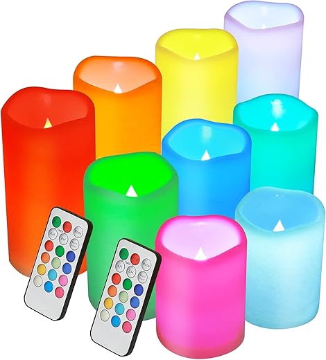Enido 9 Pcs 12-Color Changing Flameless Candles with Remote Timer, Halloween Decorative Candles, Outdoor Indoor Battery Operated LED Candles(D: 3” x H: 4”5”6”)