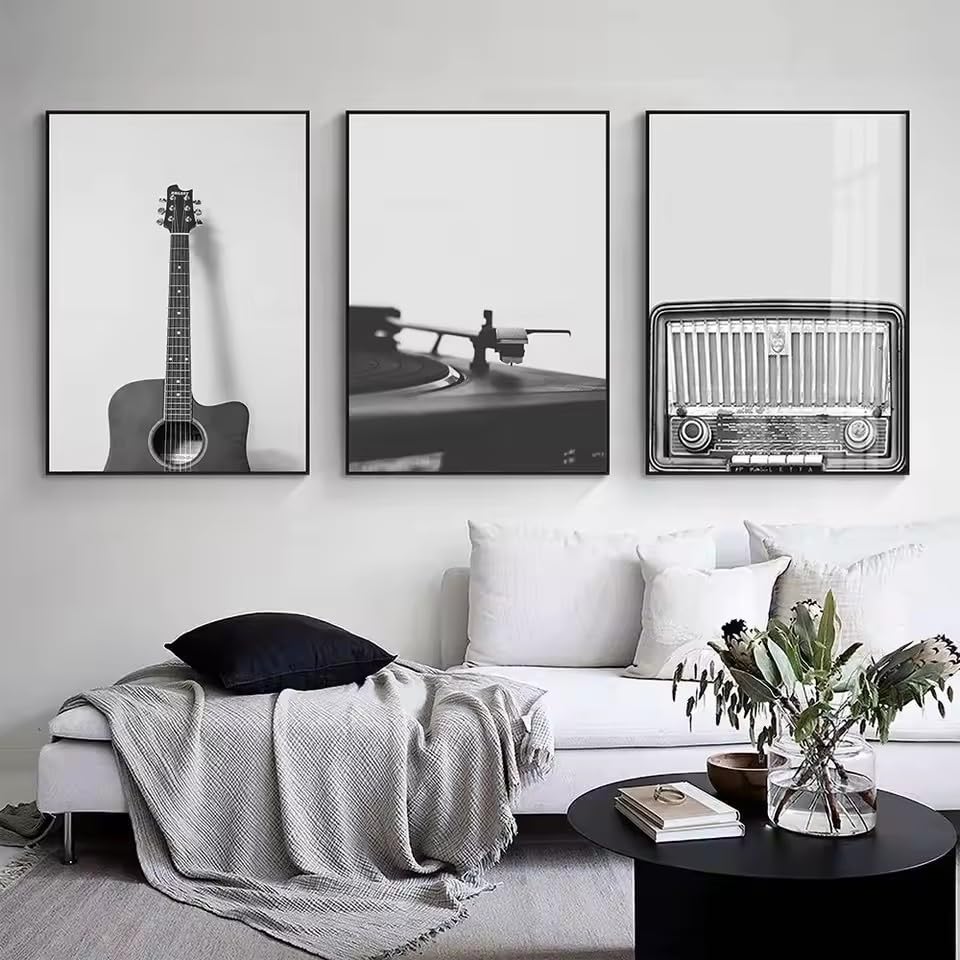 BMGKYAGL Vintage muzyka płyta winylowa plakat sztuka ścienna czarno-białe zdjęcie gitara skrzypce płótno obraz wydruki studio muzyczne dekoracja (60 x 90 cm x 3 / ramka wewnętrzna)