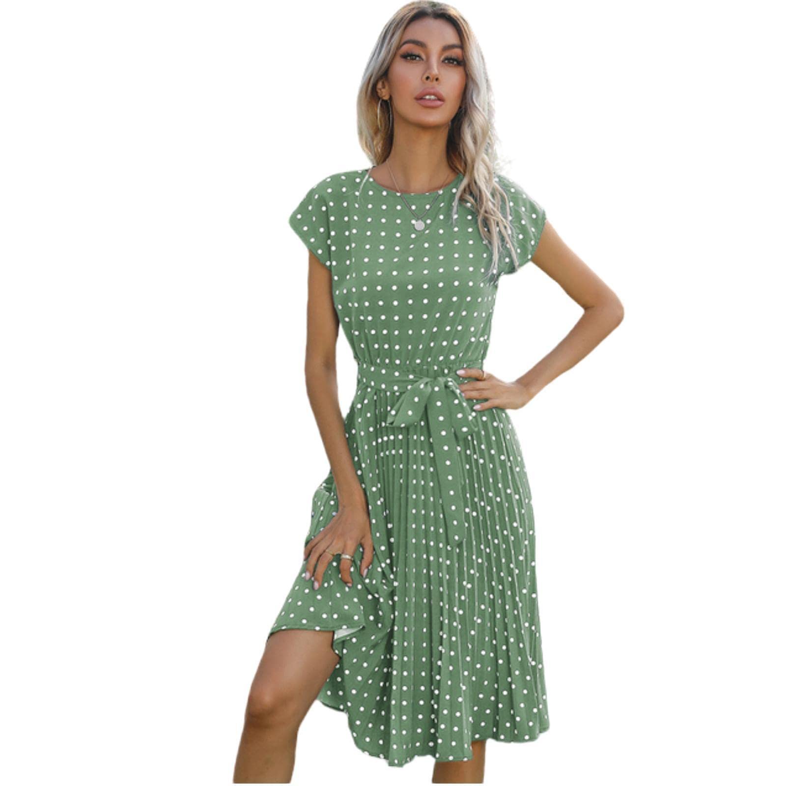 TOBILE Vestido de gasa para mujer, vestido de playa de manga corta, estampado de lunares, vestido acampanado, floral, elegante, cintura alta, plisado, casual, vestidos midi