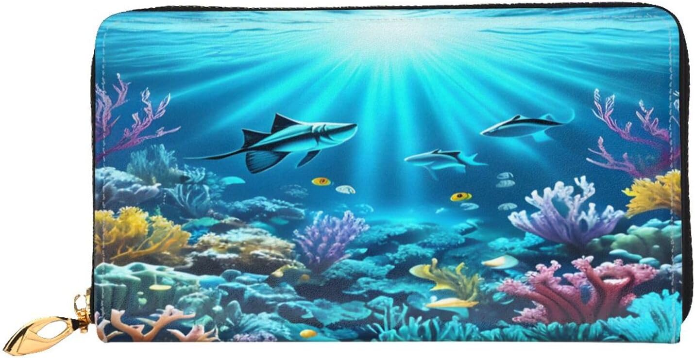 Submarine Coral Rays Long Zip Around Wallet for Women, Large Capacity RFID Leather Wristlet Wallet with 12 Card Slots Coin Purse, Fashion Clutch Purse with Wrist Strap