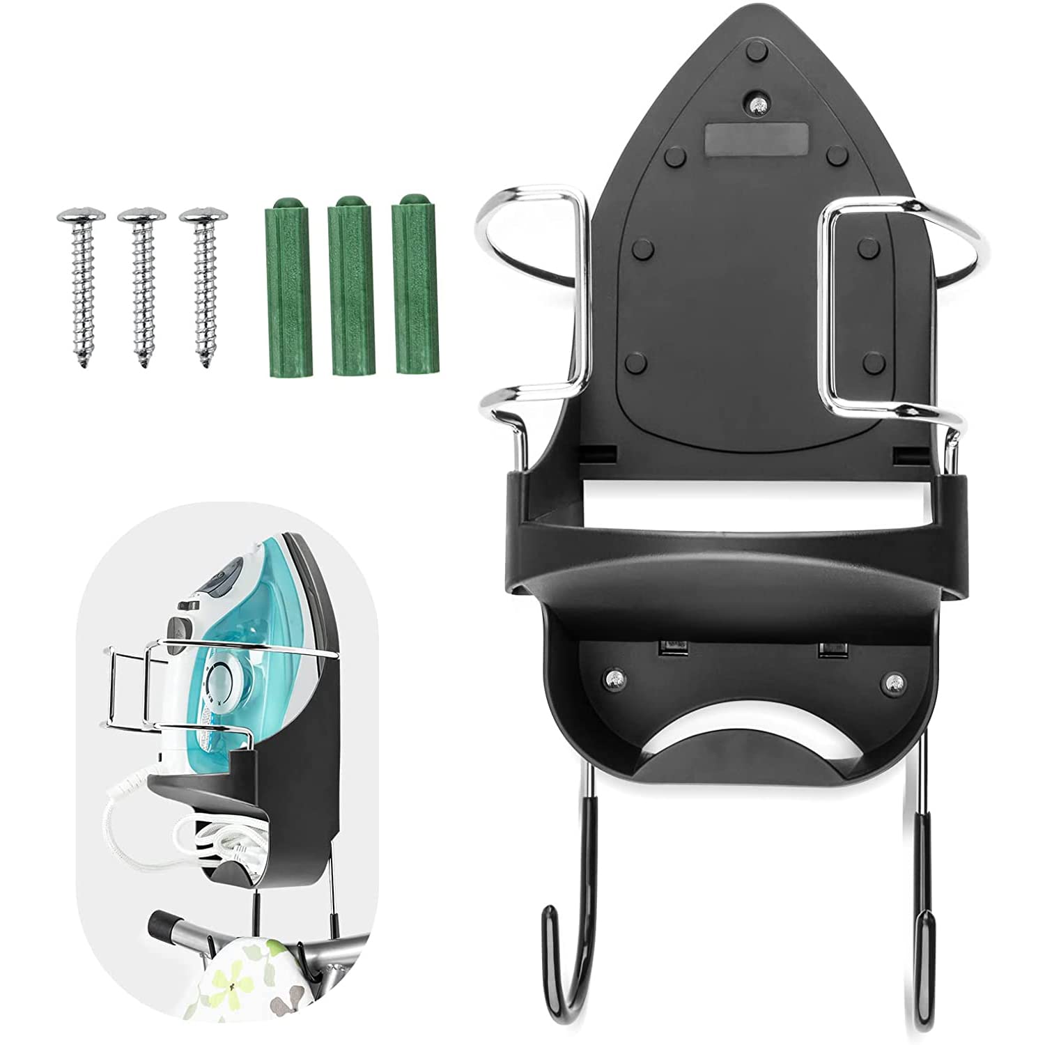 Arabest Ironing Board Hanger, 15 cm Width Wall Mount With Heat Resistant Iron Rack and Hooks for Home Bathroom