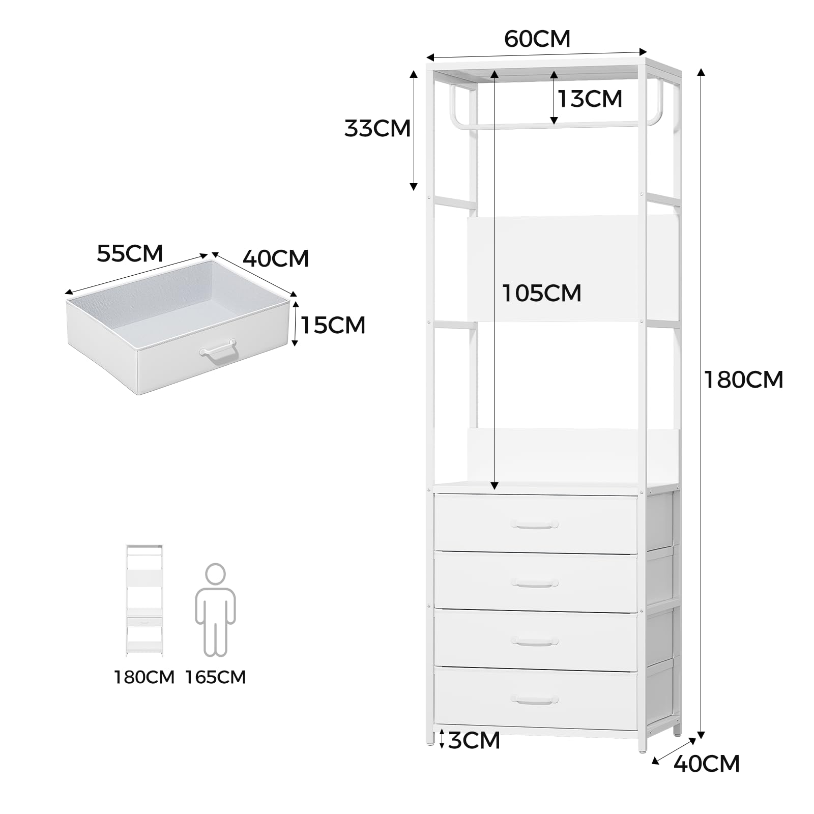 VOWNER Appendiabiti da Terra, Mobile Ingresso con Panca, 4 in 1, Attaccapanni con Barra e 4 Cassetti, Stand Appendiabiti in Struttura in Metallo, per Camera da Letto, 60 x 180 x 40 cm, Bianco