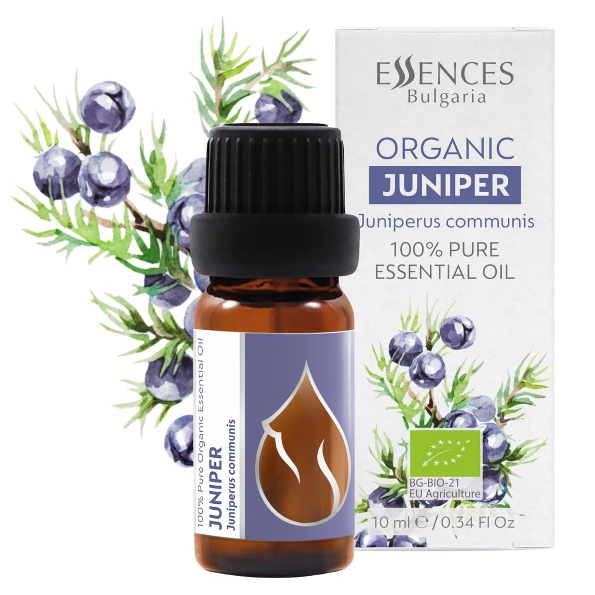 Essences Bulgaria Organic Juniper Essential Oil 1/3 Fl Oz | 10ml | Juniperus communis | 100% Pure and Natural | Undiluted | Therapeutic Grade | Family Owned Farm | Steam-Distilled | Non-GMO | Vegan