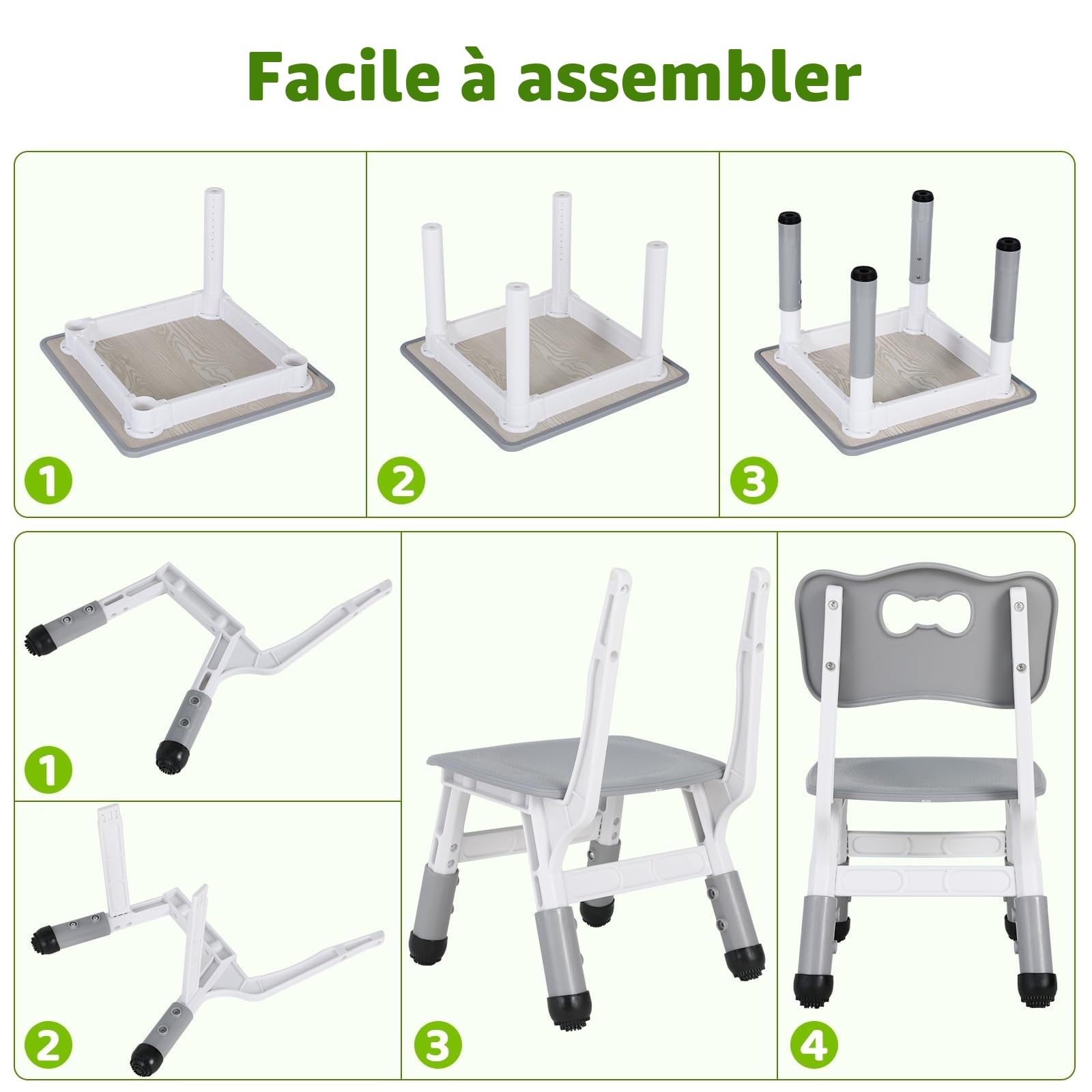 MAMIZO Ensemble de Table pour Enfants Réglable en Hauteur Avec 2 Chaises, Meubles en Plastique, pour Peinture, Garçons et Filles à Partir de 3 Ans (Gris, Carrée)