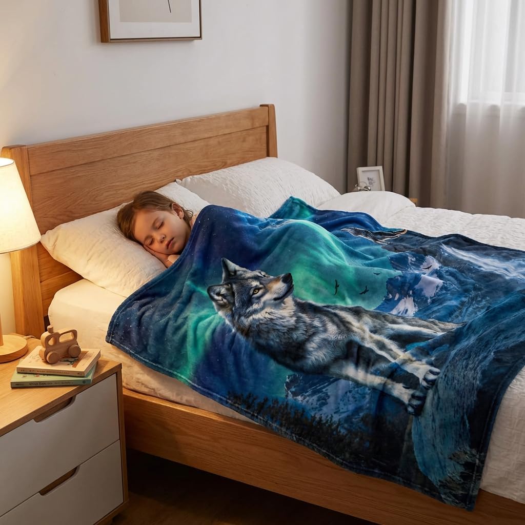 Wolf Blanket for Kids 50"x 60", Moon Forest Mountain Throw Blanket, Wolf Gifts for Women Men, Blue Teal Soft Cozy Lightweight Flannel Throws Blankets for Couch Bed Sofa Chair Decor - Image 5