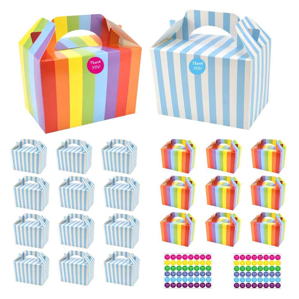 KARBAG40Pack Party Favor Paper Boxes, 2 Patterns Party Treat Boxes Rainbow Birthday Party Boxes Stripe Design Cardboard Lunch Boxes with Stickers for Kids Birthdays Party, Baby Shower(15*10*10.5CM)