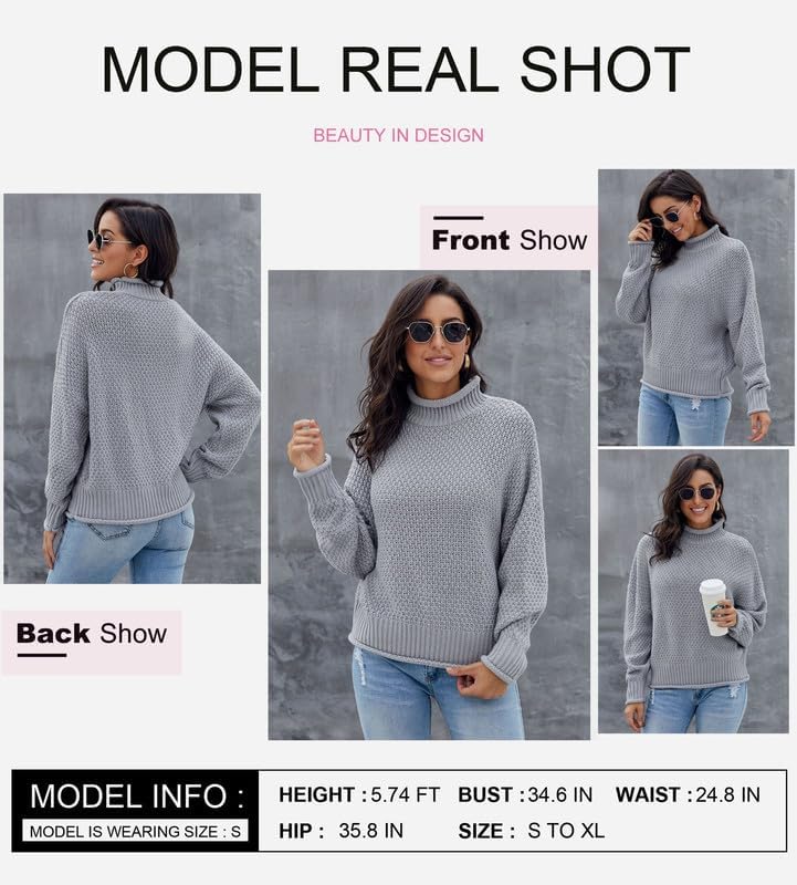 Dokotoo Womens 2025 Winter Fall Solid Turtleneck High Neck Balloon Long Sleeve Sweaters Pullover Outerwear - Image 3