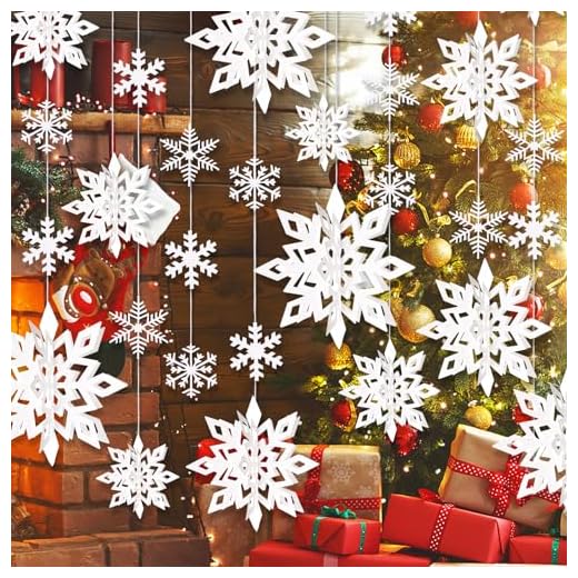 30pcs Hanging Snowflake Decorations, 3D Paper Snowflakes Ornaments, Large Snowflake Garland for White Christmas Decorations, Christmas Winter Wonderland Indoor Home Decor New Year Party Decorations