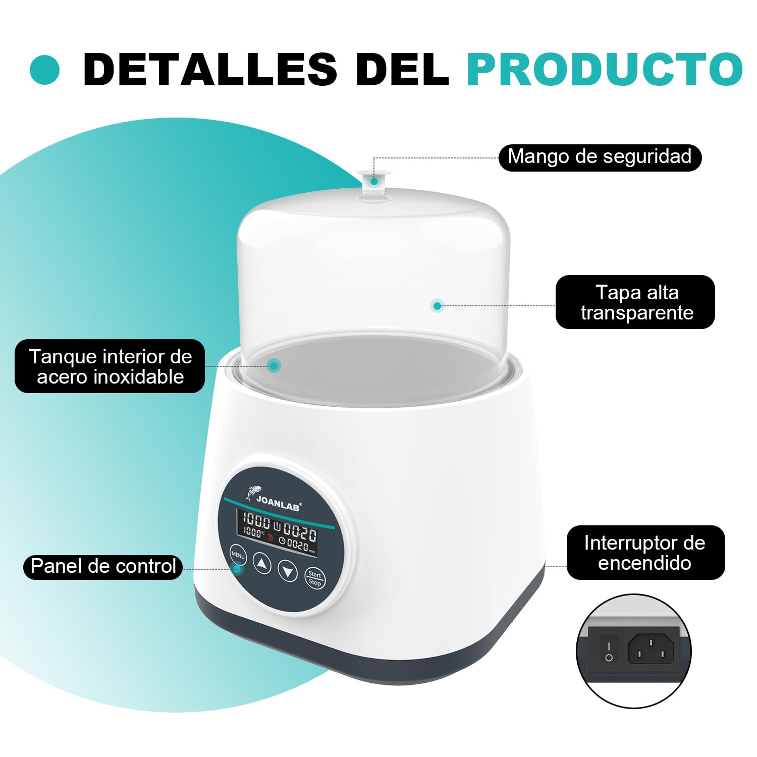JOANLAB Baño de María Digital 2L, Calentamiento Preciso 100°C, Tanque de Acero Inox con Temporizador & Doble Protección, Tapa Transparente Laboratorio(WB-2S)