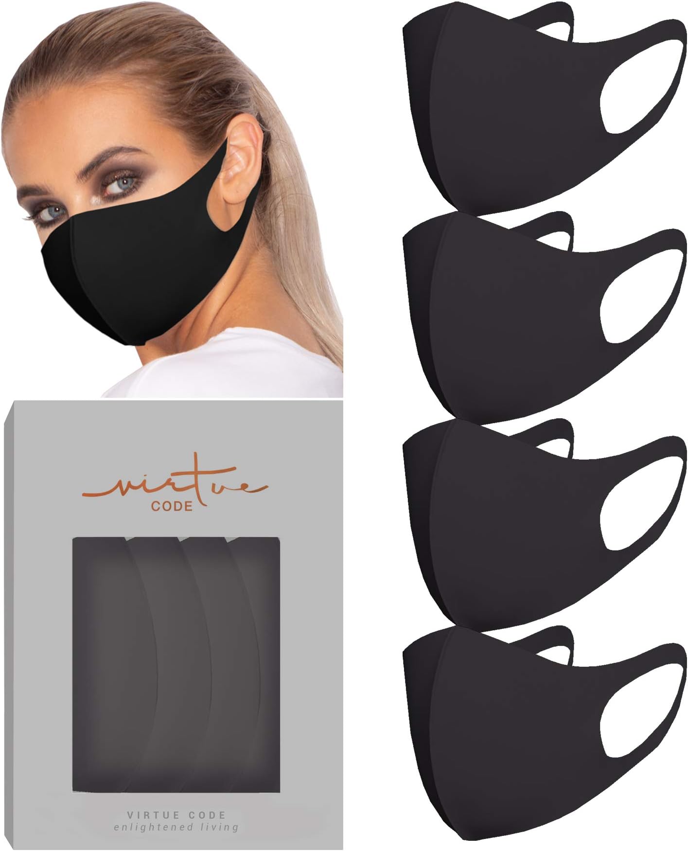 Second Skin Cloth Face Mask Pack. 4 Buttery Soft Masks Washable Fabric - Black Face Mask Reusable. Stretchy, Comfortable, Fresh Facemask.