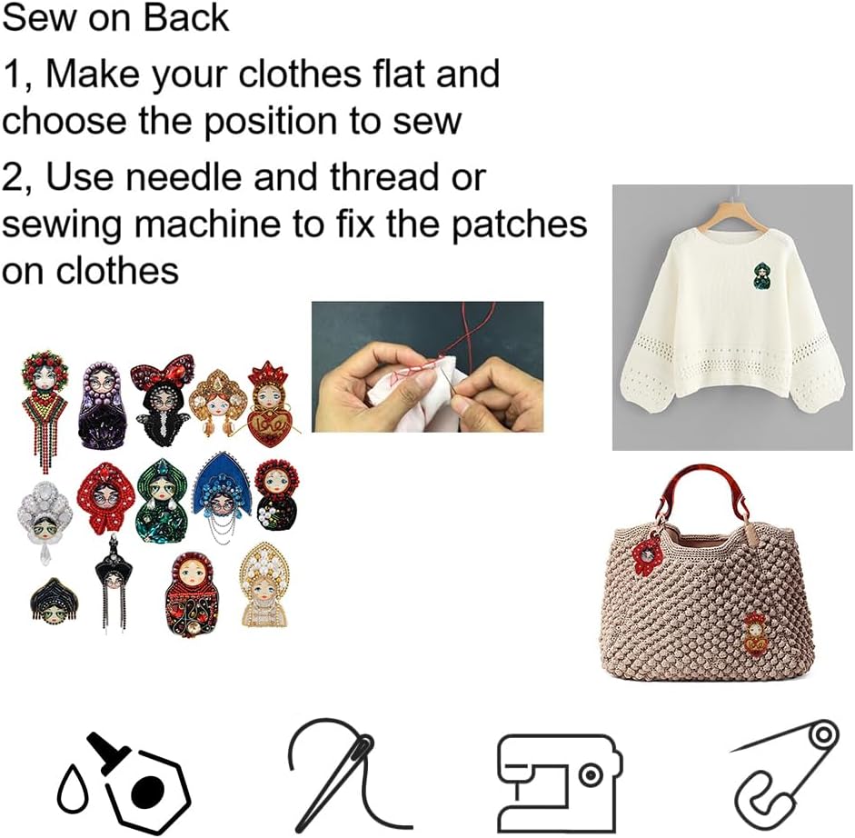 2PCS Handmade Russian Doll Bead Embroidery Patch - Matryoshka Sew-On Appliqué for Clothes & Bags, Unique Face Expressions, Multi-Style Craft (H)