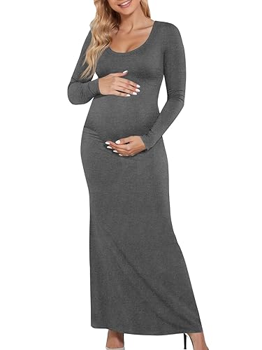 Yousify Womens Scoop Neck Maternity Maxi Dress Split Long Sleeve