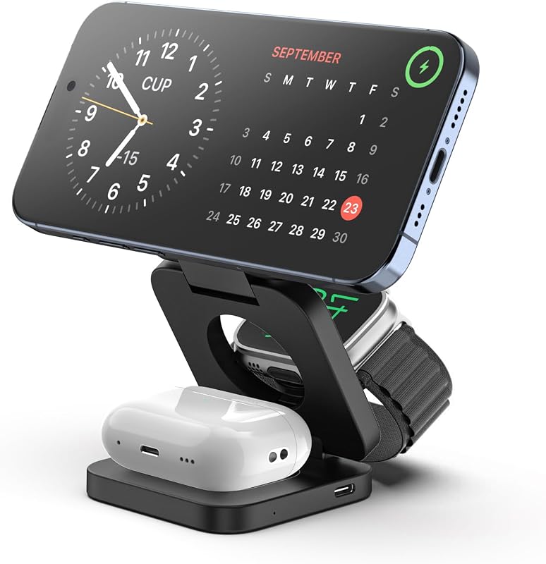KU XIU Cargador Inalámbrico Rápido, Estación de Carga Magnética Plegable 3 en 1 para iPhone 17/16/15/14/13/12/Pro/Plus/Pro Max, Cargador portátil de 5W para Apple Watch10/9/8/7/6/5/4/3/SE, para Airpods3/2/Pro-Negro