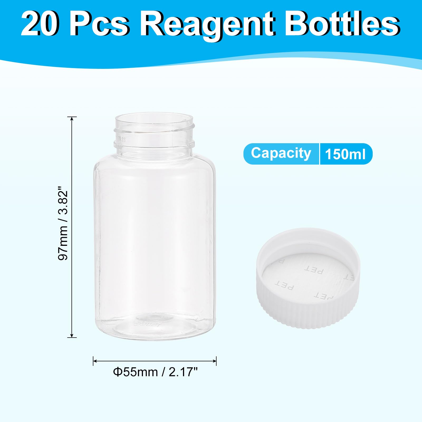 PATIKIL 20pz Boccette da 150ml per Reagenti, Bottiglie Tondo a Bocca Larga in Pet con Tappo a Vite per Acqua Laboratorio Sigillo Conservazione Campioni Solidi, Trasparente