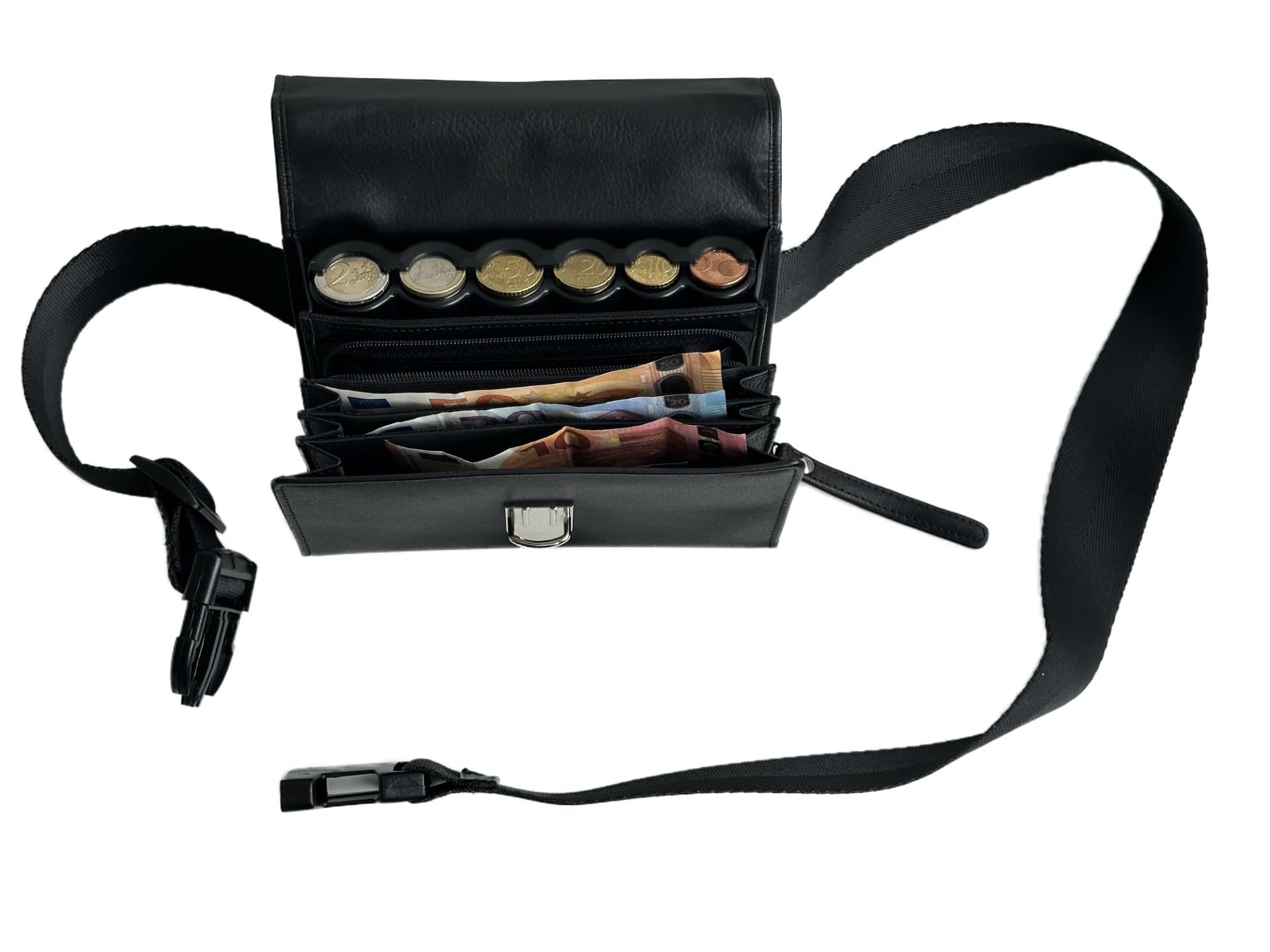Sacoche Banane Serveur en Véritable Cuir de Bovin, avec Monnayeur Distributeur 6 Pièces d'Euros, Fermeture Cartable, idéale Serveur, Serveuse, Bar, Restaurant, Brasserie
