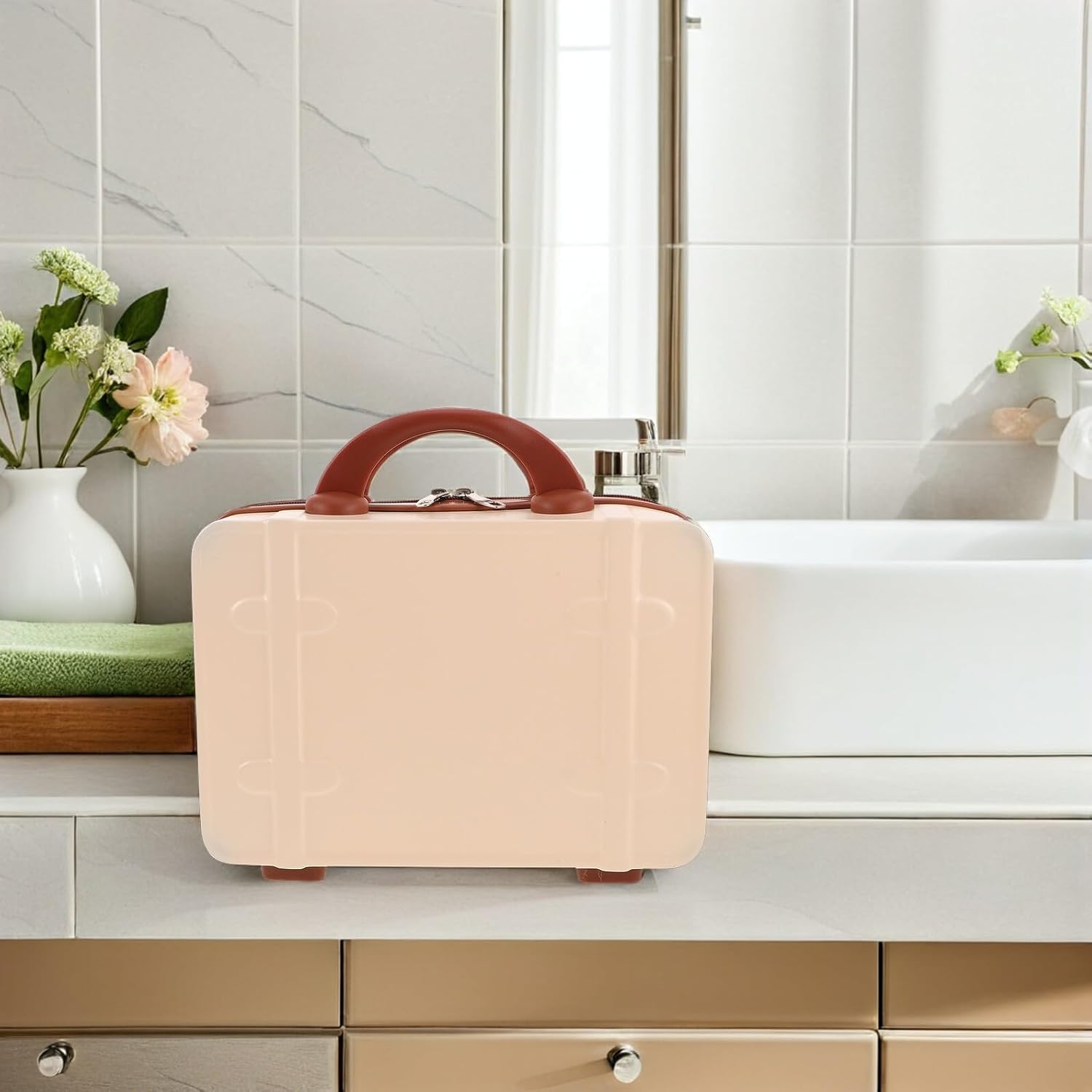 Ciieeo Retro Makeup Train Case 14-inch Mini Makeup Luggage Portable Cosmetic Carrying Case for Women Travel Vanity Organizer in Light Beige