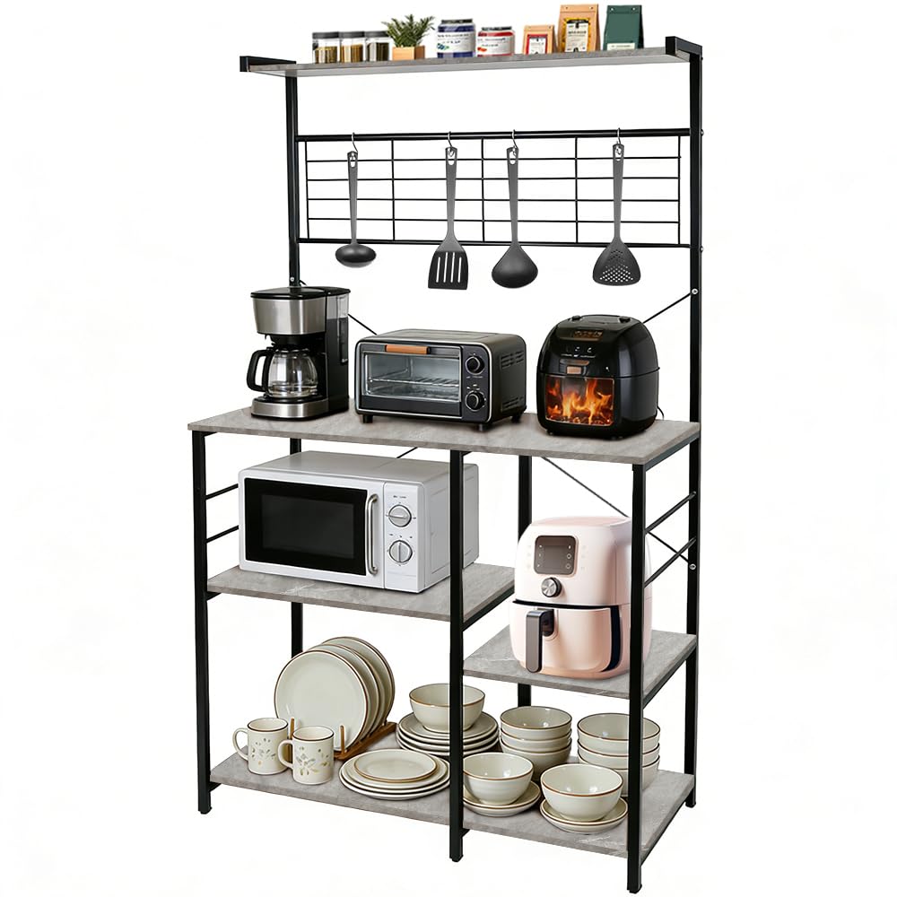HUOLE Scaffale da cucina, mobile da cucina, bar per caffè con cesto in filo, scaffale per microonde con 8 ganci a S, per cucina, soggiorno, 42 x 90 x 167 cm (B) (aspetto calcareo)