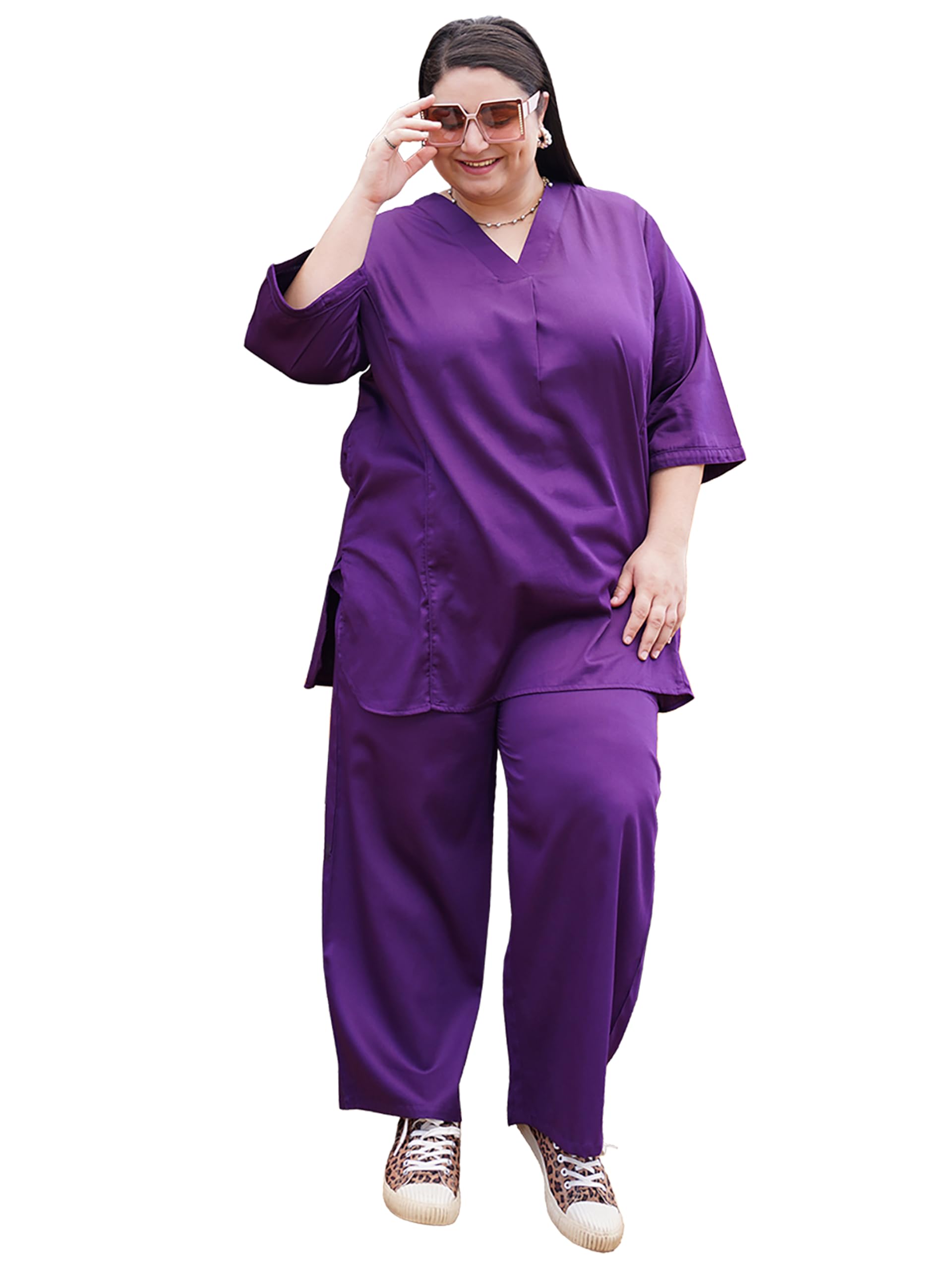 Plus Size Cotton Silk Co-Ord Set for Women | Tunic and Trouser Set V-Neck and 3/4 Sleeve| Elasticated Waist 2 Pockets Casual Wear Outfit |3XL to 8XL-image-23