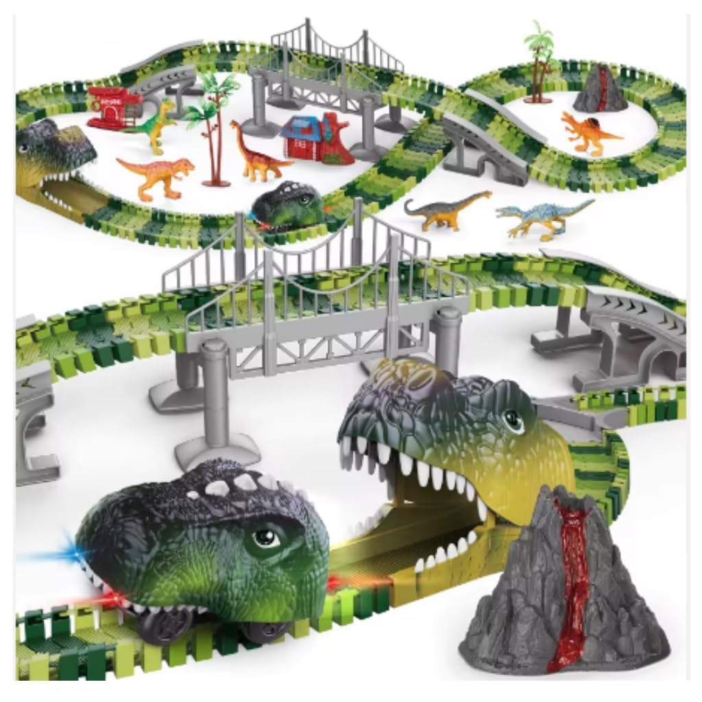 Black Foru 183 Pcs Dinosaur Race Toys Set with Flexible Train Tracks, 2 Dinosaurs, 1 Light Dino Car, Kids Toddlers Race Car Toys for 3 4 5 6 7 8 Year Old Boys Girls Christmas Birthday Gifts