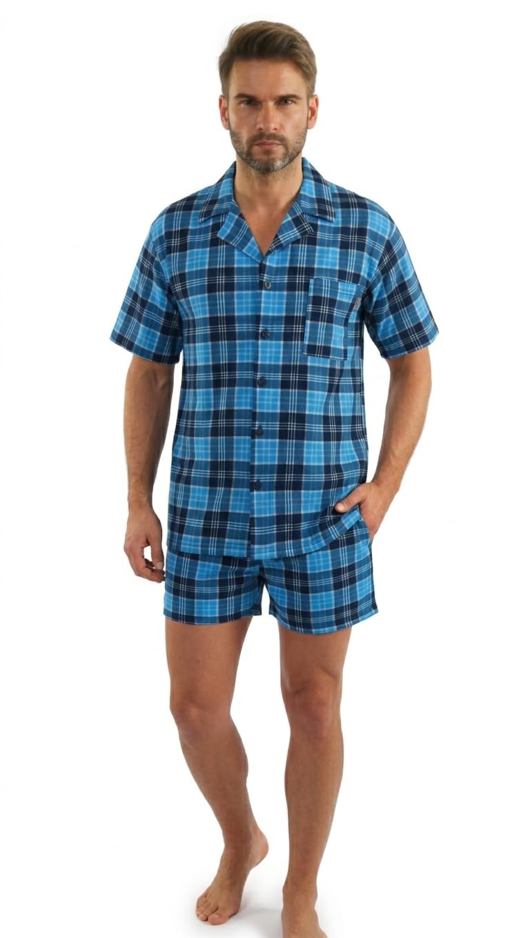 Sesto Senso Elegante Pijama de Hombre a Cuadros de Manga Corta Algodón Camisa con Botones Pantalón Corto