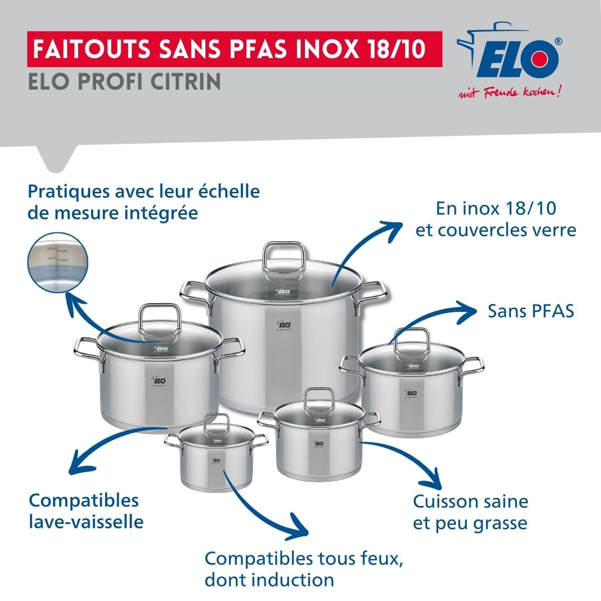 Elo Batterie cuisine 2 poêles 24/28 cm et 2 faitouts 16/20 cm | Lot complet pour équiper vos cuissons, 2 poêles et 2 faitouts, 24 28 16 20 cm, Aluminium inox, Tous feux induction, Sans PFAS