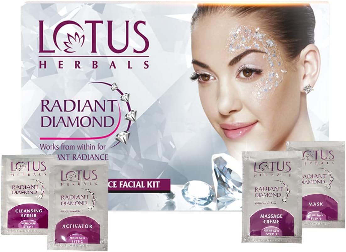 Lotus Herbals Radiant Diamond Facial Kit For Instant Radiance With Diamond Dust & Cinnamon, 4 Easy Steps, 37 G Single Use, Silver