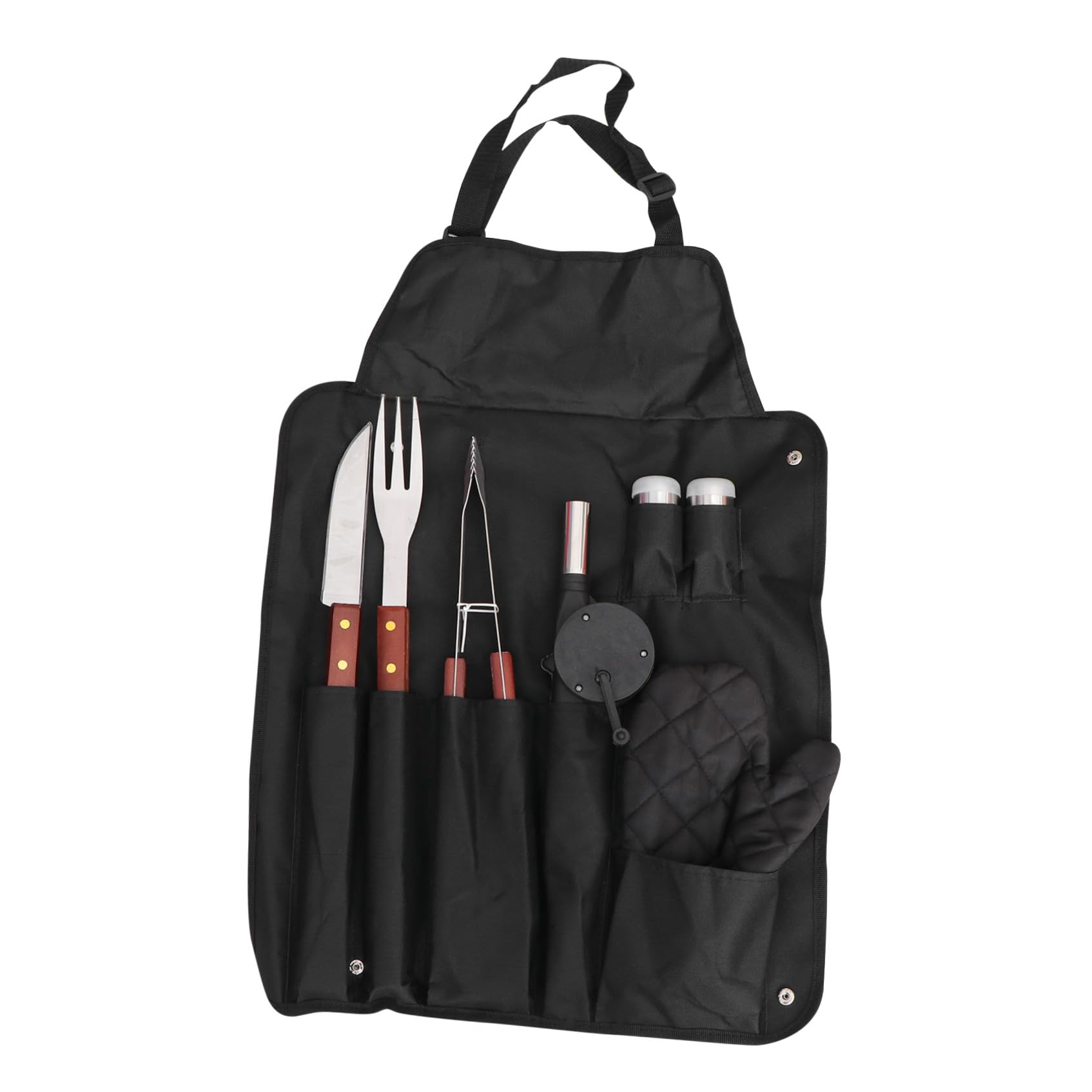 SHINEOFI Juego de Utensilios para Barbacoa 8 Piezas Mango de Madera Acero Inoxidable Delantal de Barbacoa Negro Accesorios Multifuncionales para Exterior Camping y Parrilla al Aire