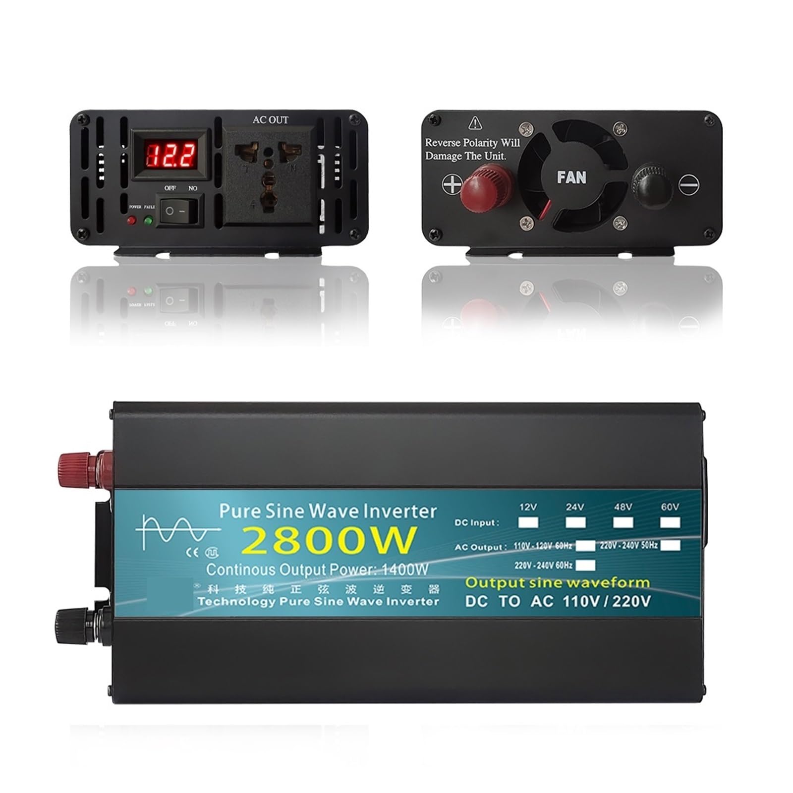 Falownik 12V 24V 1000W 1600W 2000W 2800W czysta fala sinusoidalna falownik konwerter zasilania Solar Inversor 12V do 220 transformator LED,PotężNa Moc WyjśCiowa(1600W,48V)