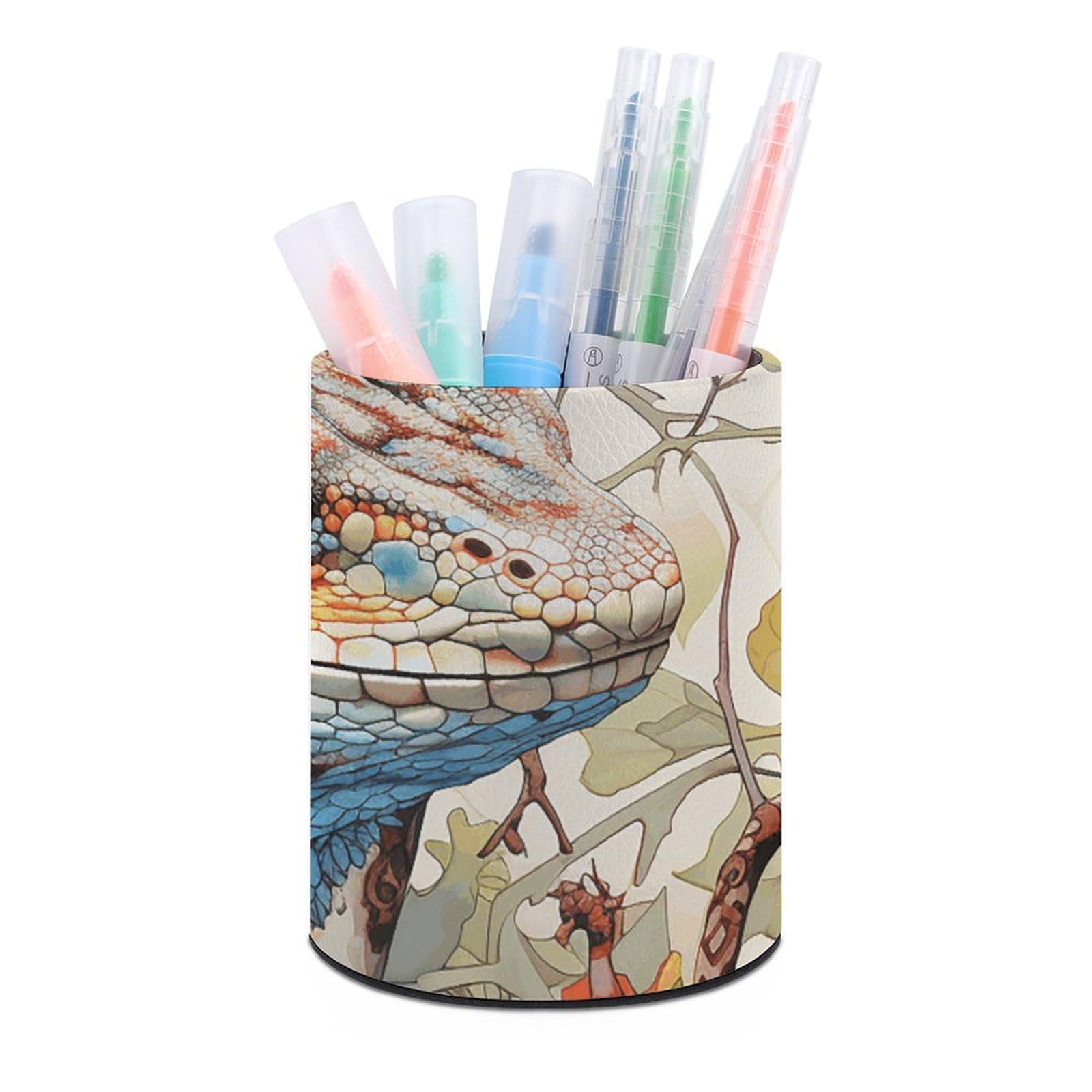 FekiLoot PU Leather Round Pen Holder Lizard on The Branch Pencil Holder Desk Organizer Pen Organizer Pen Cup Pencil Cup Caddy Desktop Stationery Organizers for Office Home Supplies