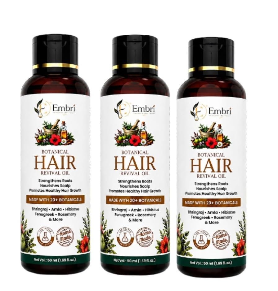 Image of EMBRI Men & Women Hair Revival Oil For Daily Hair Fall Control And Strong, Shiner, Thicker Hair Growth 50 ML (Pack Of 3)