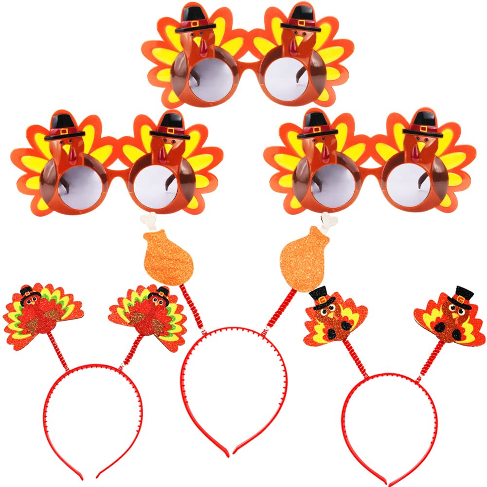 3 Pieces Thanksgiving Turkey Headbands and 3 Pieces Thanksgiving Turkey Sunglasses, 6 Pieces Turkey Eyeglasses Head Boppers Costumes Decoration Props