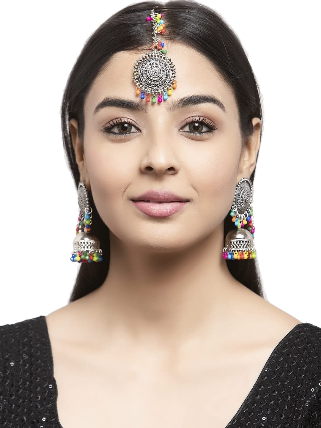 Oxidized Silver & Red Beaded Jewelry Set